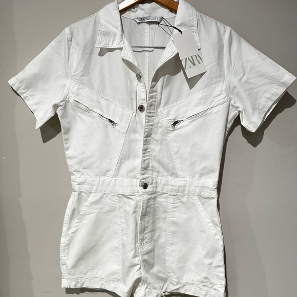 Zara Pants - ZARA Women White Utility Romper Short Sleeve Zip Pocket Button Front Size L NWT